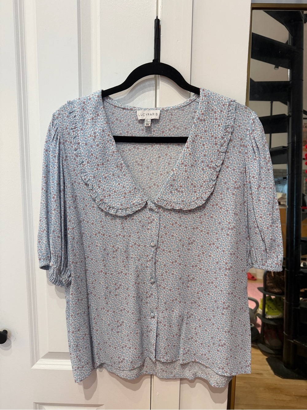 Lucy Paris Light Blue Floral Ruffle Collar Blouse